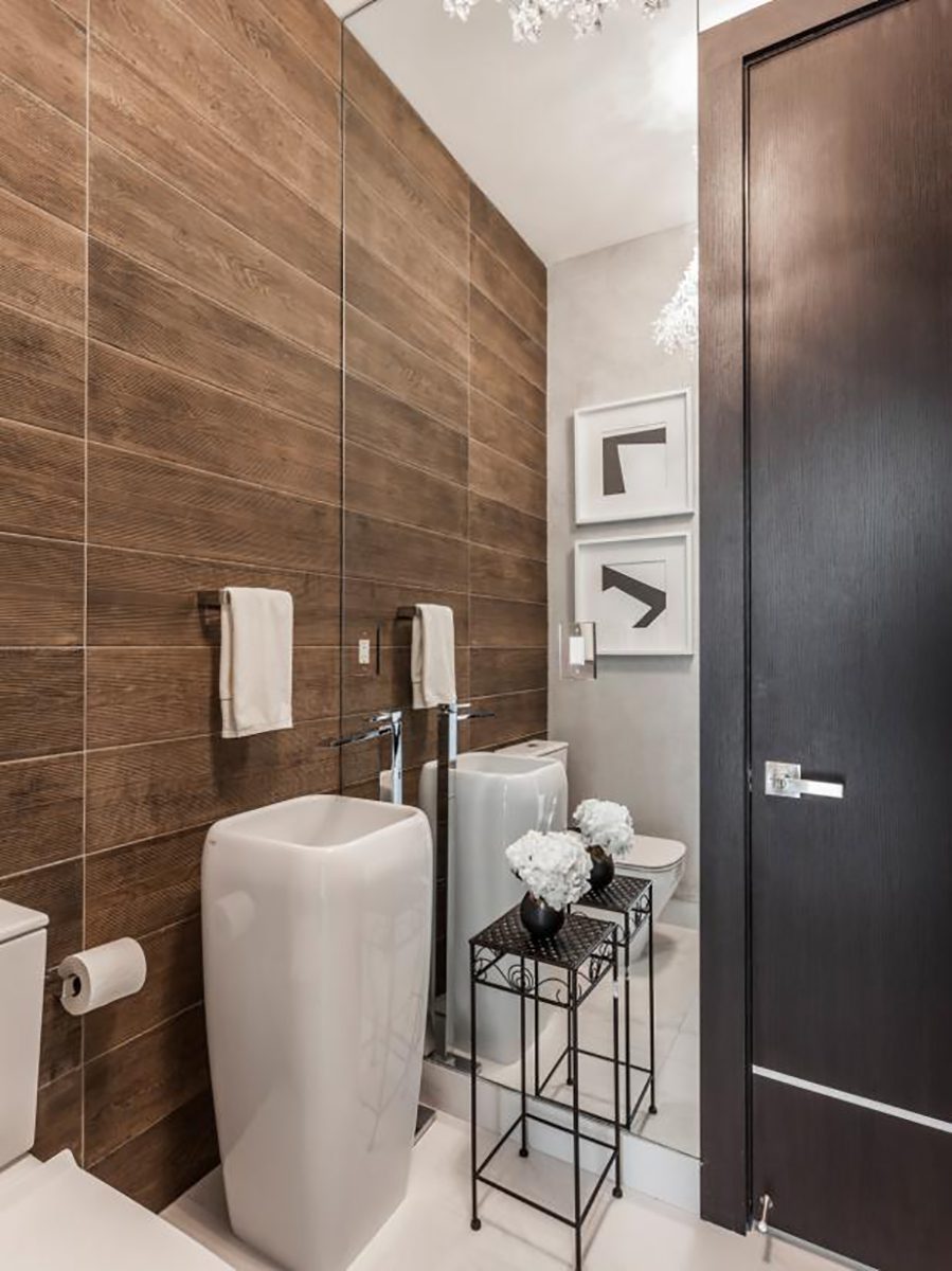 brown and white half bath design